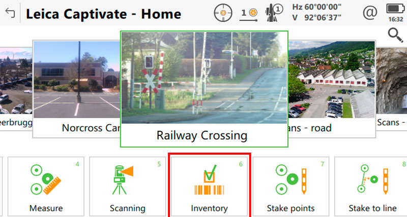 Screenshot of the home screen of Leica Captivate land surveying field software displaying the Inventory app.